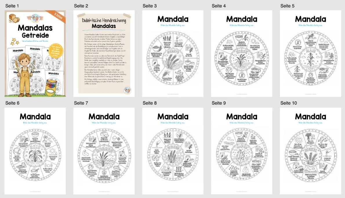 8 Mandalas zum Getreide (zum Ausmalen) - Überblick
