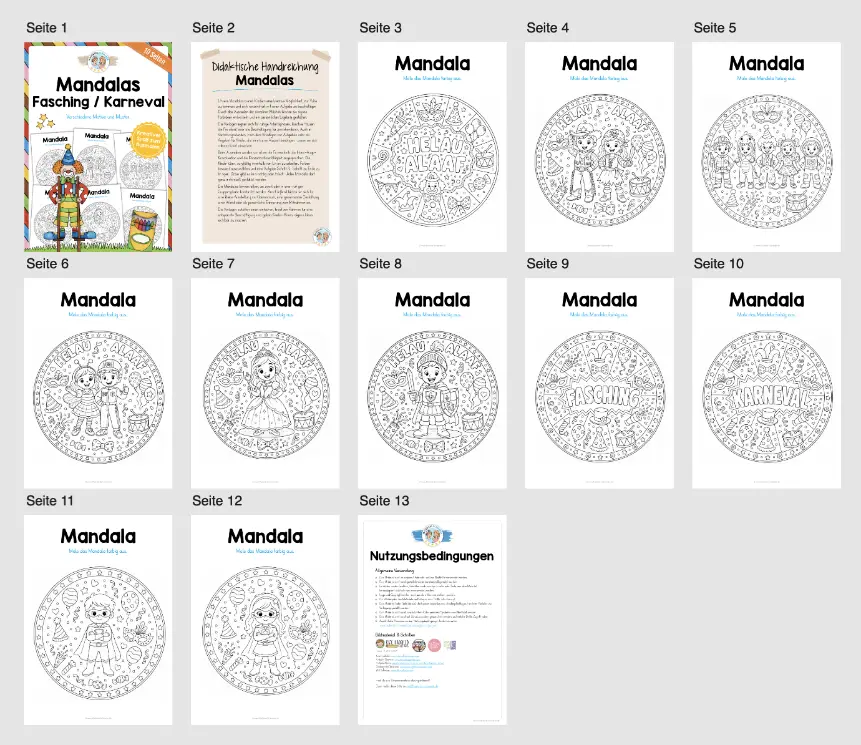 10 Mandalas zum Fasching / Karneval (zum Ausmalen) - Überblick