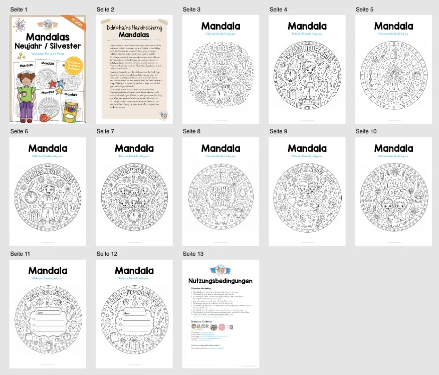 10 Mandalas zu Silvester / Neujahr (zum Ausmalen) - Überblick