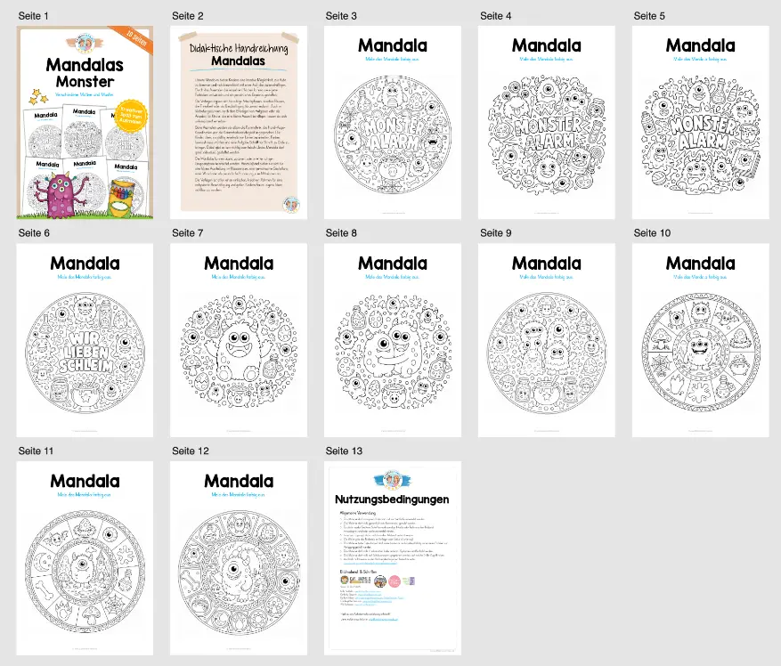 10 Mandalas mit Monstern (zum Ausmalen) - Überblick