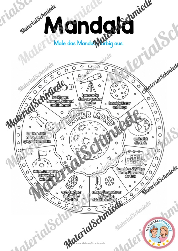 11 Mandalas zu den Planten mit Informationen (zum Ausmalen) - Unser Mond