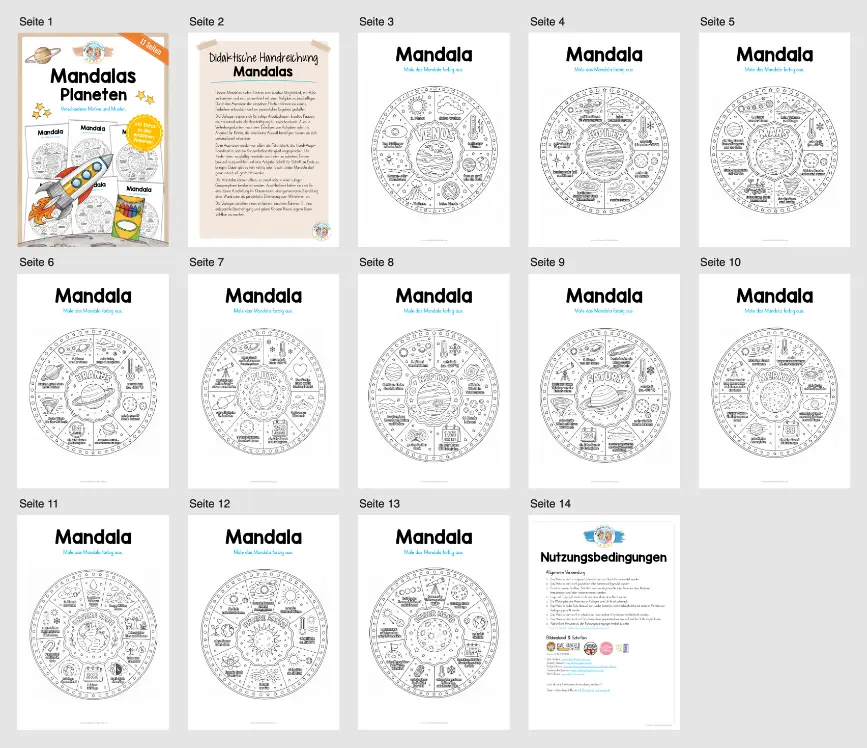 11 Mandalas zu den Planten mit Informationen (zum Ausmalen) - Überblick