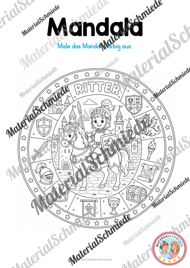 11 Mandalas mit Ritter und Burgen (zum Ausmalen) - Mandala 01