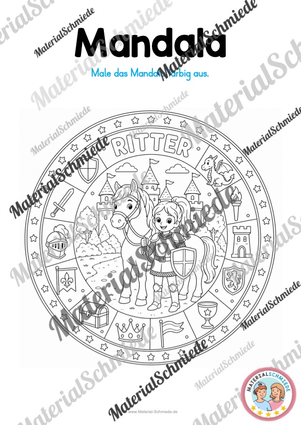 11 Mandalas mit Ritter und Burgen (zum Ausmalen) - Mandala 02