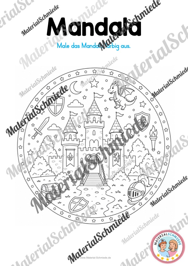 11 Mandalas mit Ritter und Burgen (zum Ausmalen) - Mandala 04