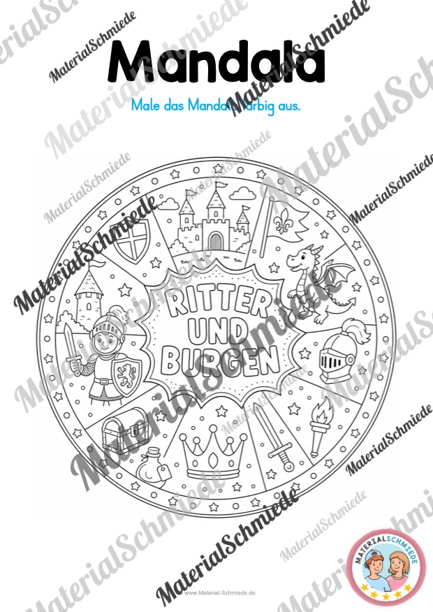 11 Mandalas mit Ritter und Burgen (zum Ausmalen) - Mandala 06