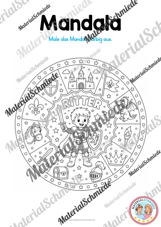 11 Mandalas mit Ritter und Burgen (zum Ausmalen) - Mandala 07