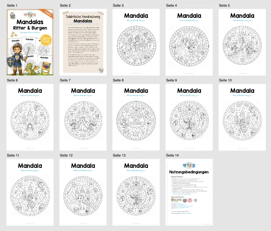 11 Mandalas mit Ritter und Burgen (zum Ausmalen) - Überblick