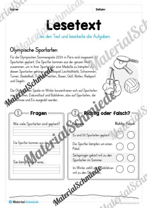 10 Lesetexte: Olympische Spiele 2024 (Vorschau 07)
