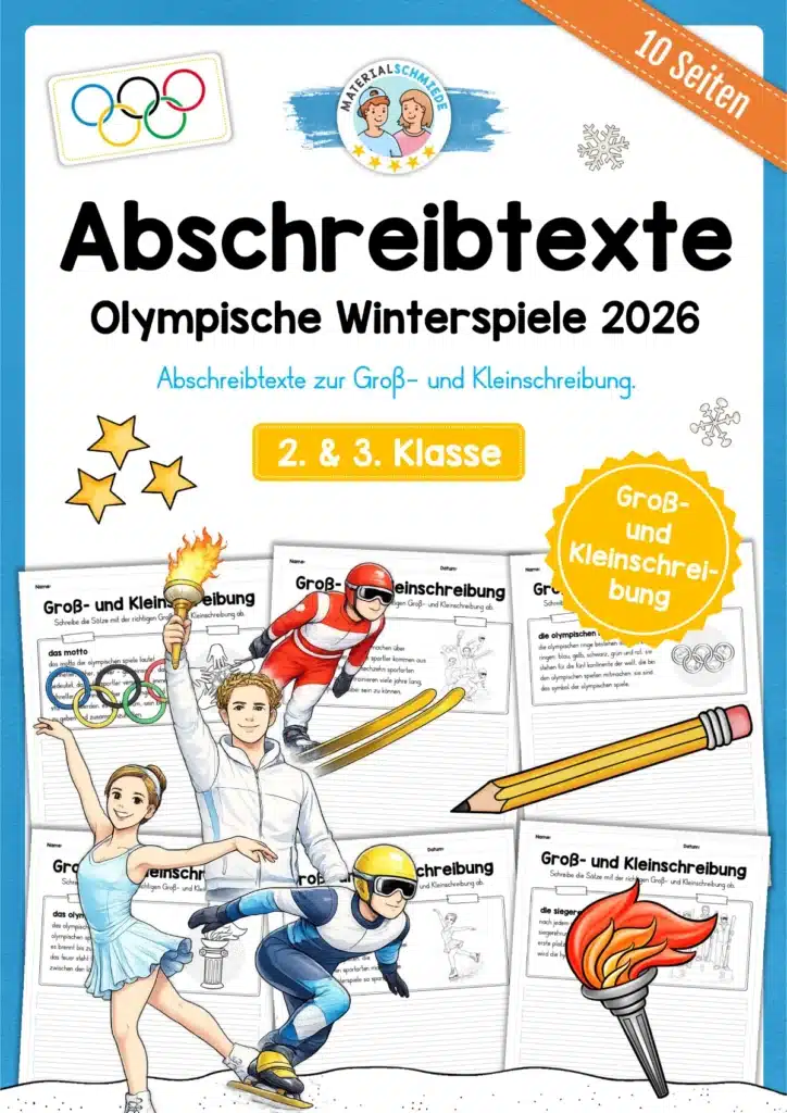 Kostenlose Arbeitsblätter: Olympische Winterspiele 2026 - Abschreibtexte zur Groß- und Kleinschreibung (2. & 3. Klasse)