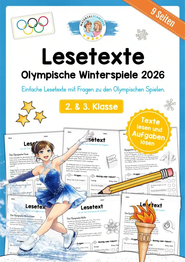Kostenlose Arbeitsblätter: Olympische Winterspiele 2026 - Lesetexte mit Aufgaben (2. & 3. Klasse)