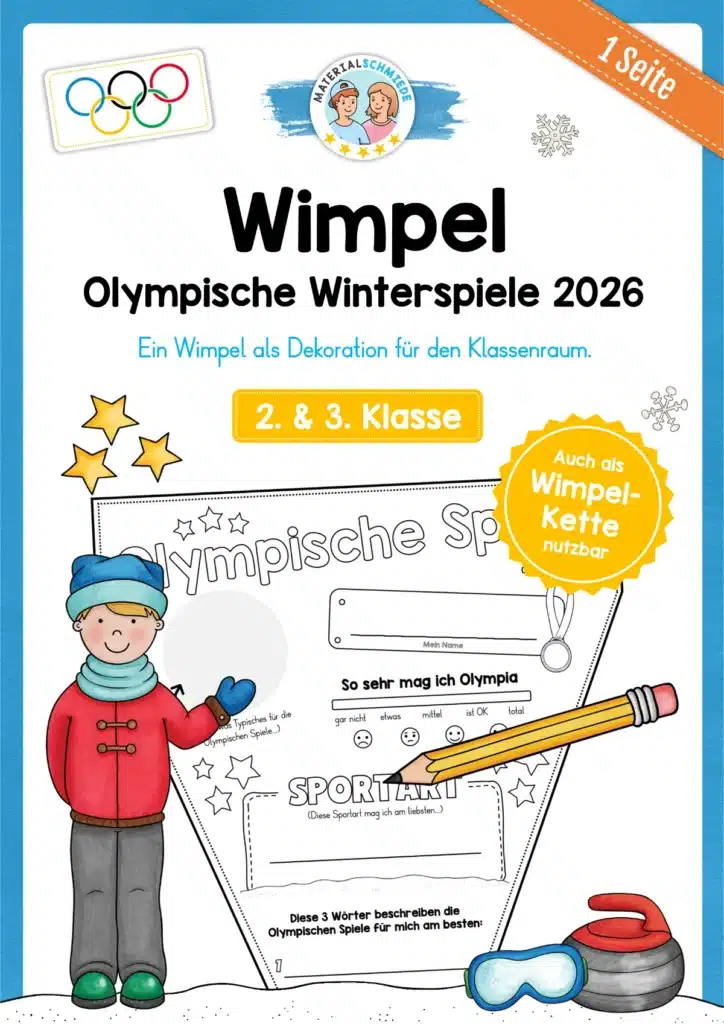 Kostenlose Arbeitsblätter: Olympische Winterspiele 2026 - Wimpel für das Klassenzimmer (2. & 3. Klasse)
