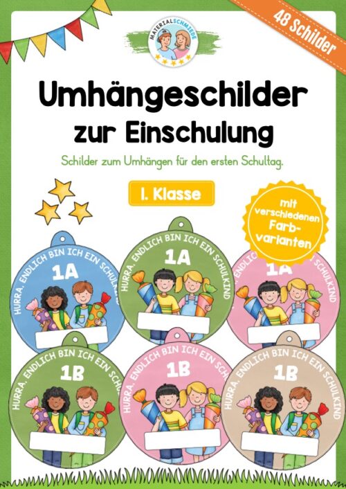 Umhängeschilder zur Einschulung (48 Varianten)