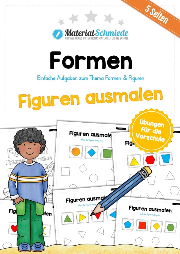 Übung für die Vorschule: Formen – Figuren ausmalen (5 Arbeitsblätter)