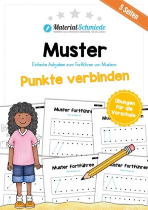 Übung für die Vorschule: Muster fortführen - Punkte verbinden (5 Arbeitsblätter)