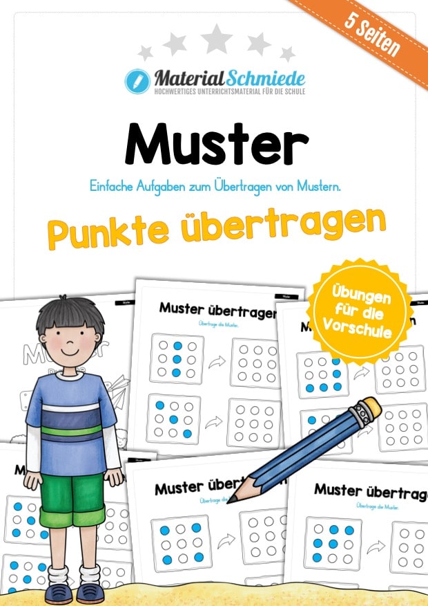 Übung für die Vorschule: Muster (Punkte) übertragen (5 Arbeitsblätter)