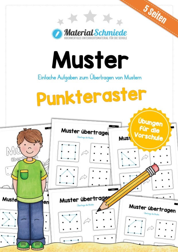 Übung für die Vorschule: Muster übertragen mit Punkten (5 Arbeitsblätter)